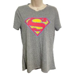 SUPERWOMAN Superman Superhero Gray Pink Yellow Blue T Shirt Womens Large